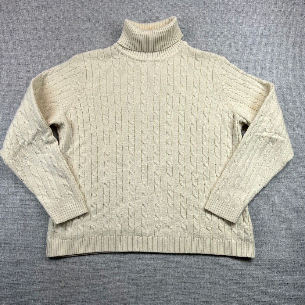 Eddie Bauer Cable‎ Knit Fisherman Turtleneck Sweater Womens XL Ivory Cotton Cozy